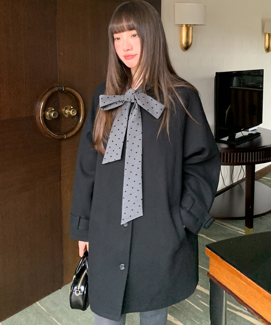 ドットリボン付きノーカラーコート – jemiremi（ジェミレミ）