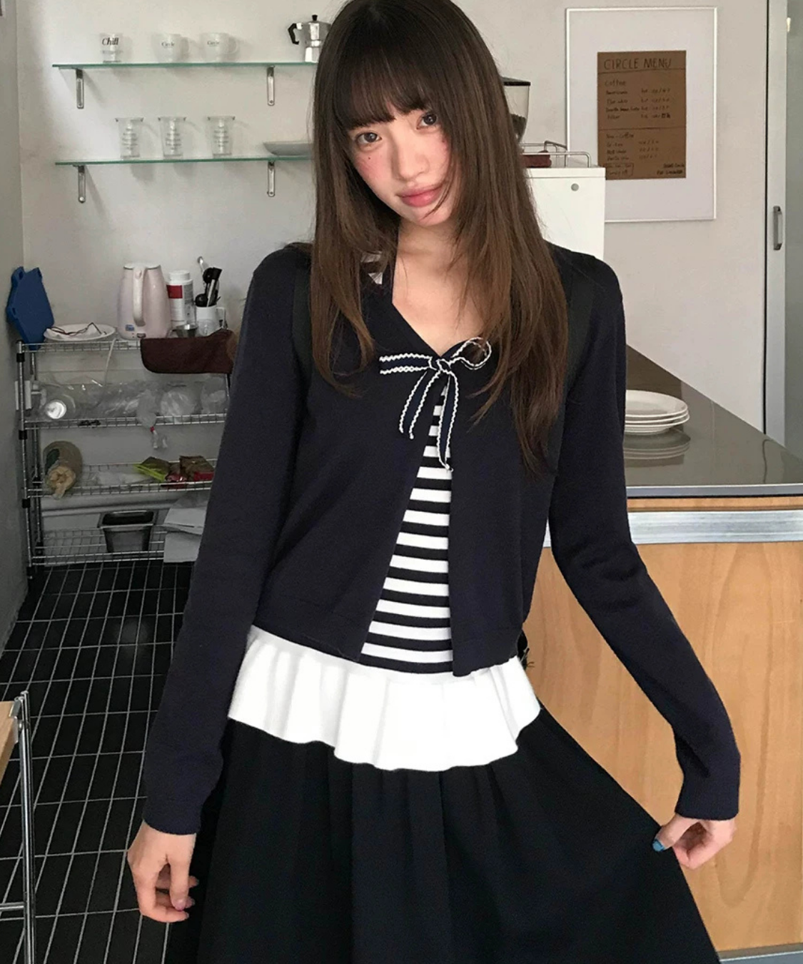 フロントリボンカーディガン＋裾フリルキャミソール 2点セット