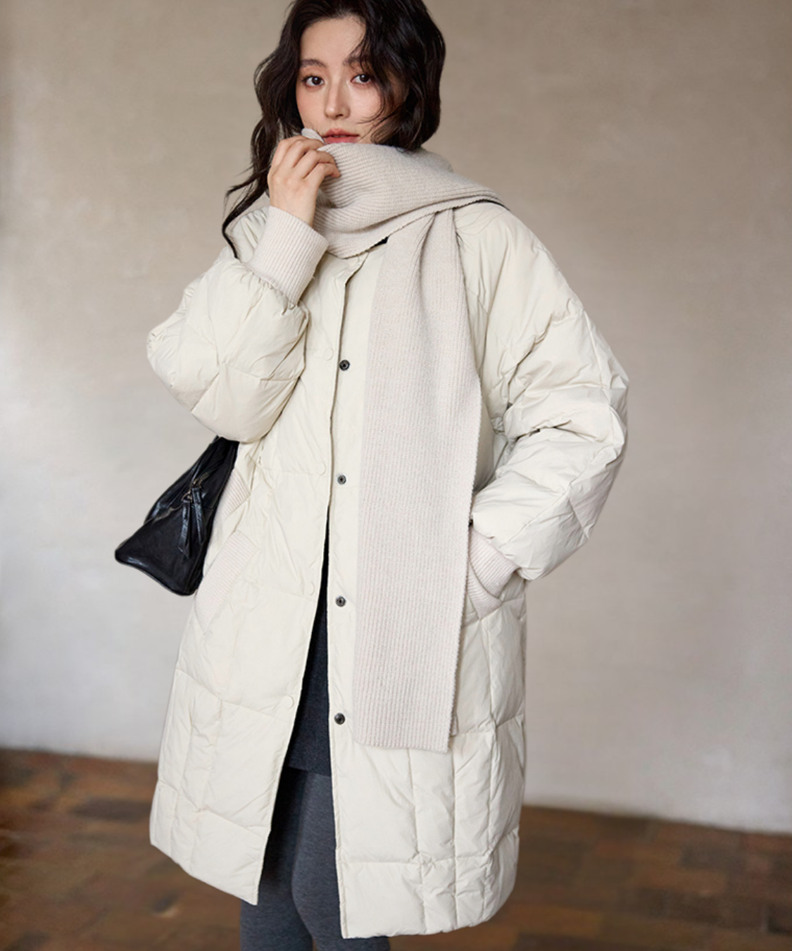 ニットマフラー付きノーカラー中綿コート – jemiremi（ジェミレミ）