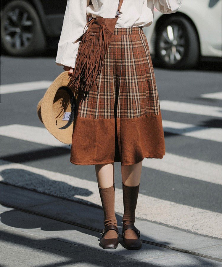 タータンチェック切替スカート ウォッシャブル】Woolish Block Check