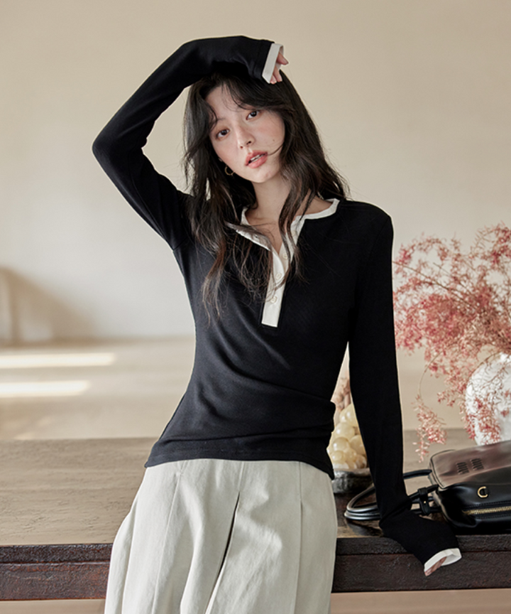 バイカラーヘンリーネックスリムカットソー – jemiremi（ジェミレミ）