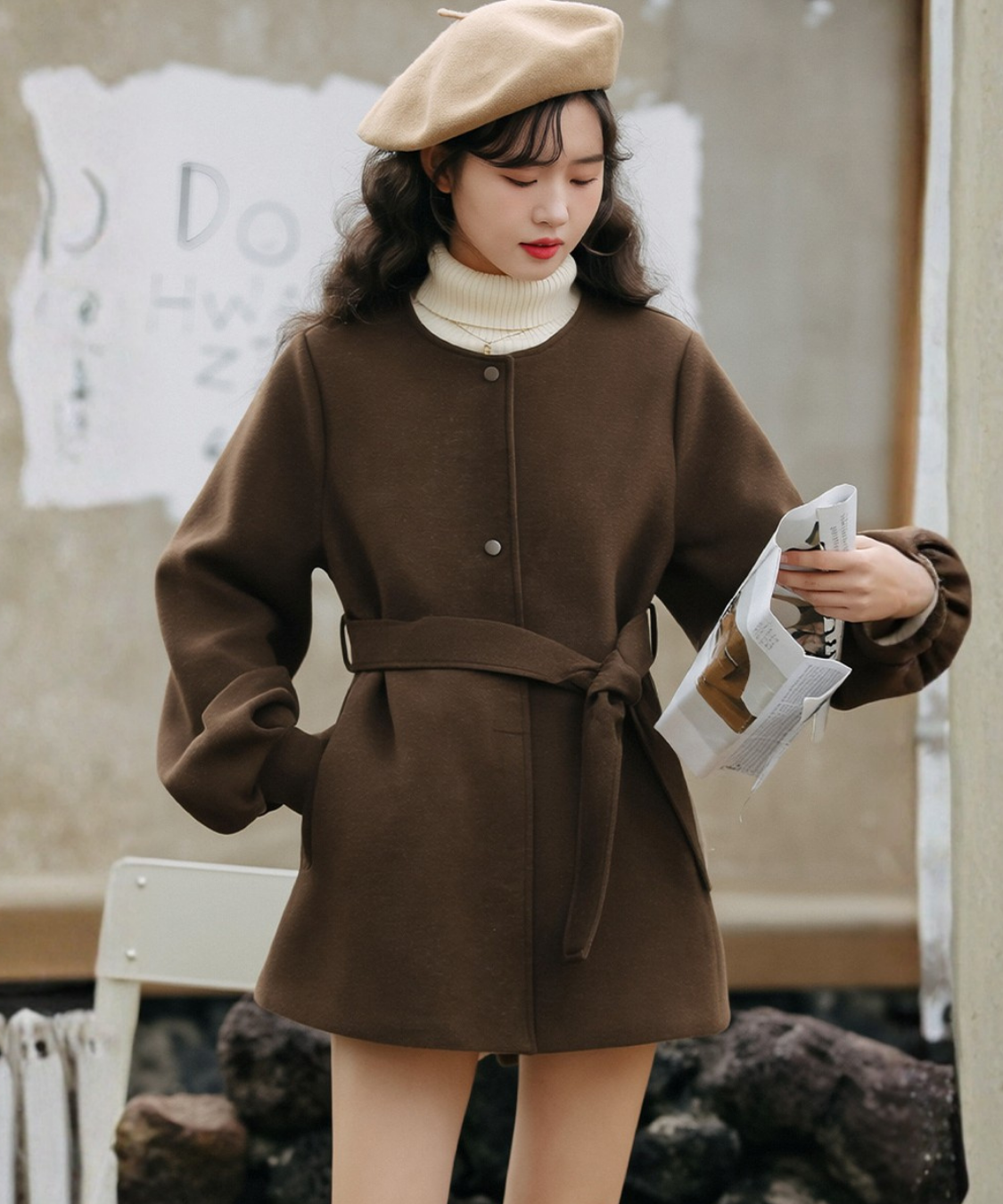 ノーカラーウエストリボンショートコート