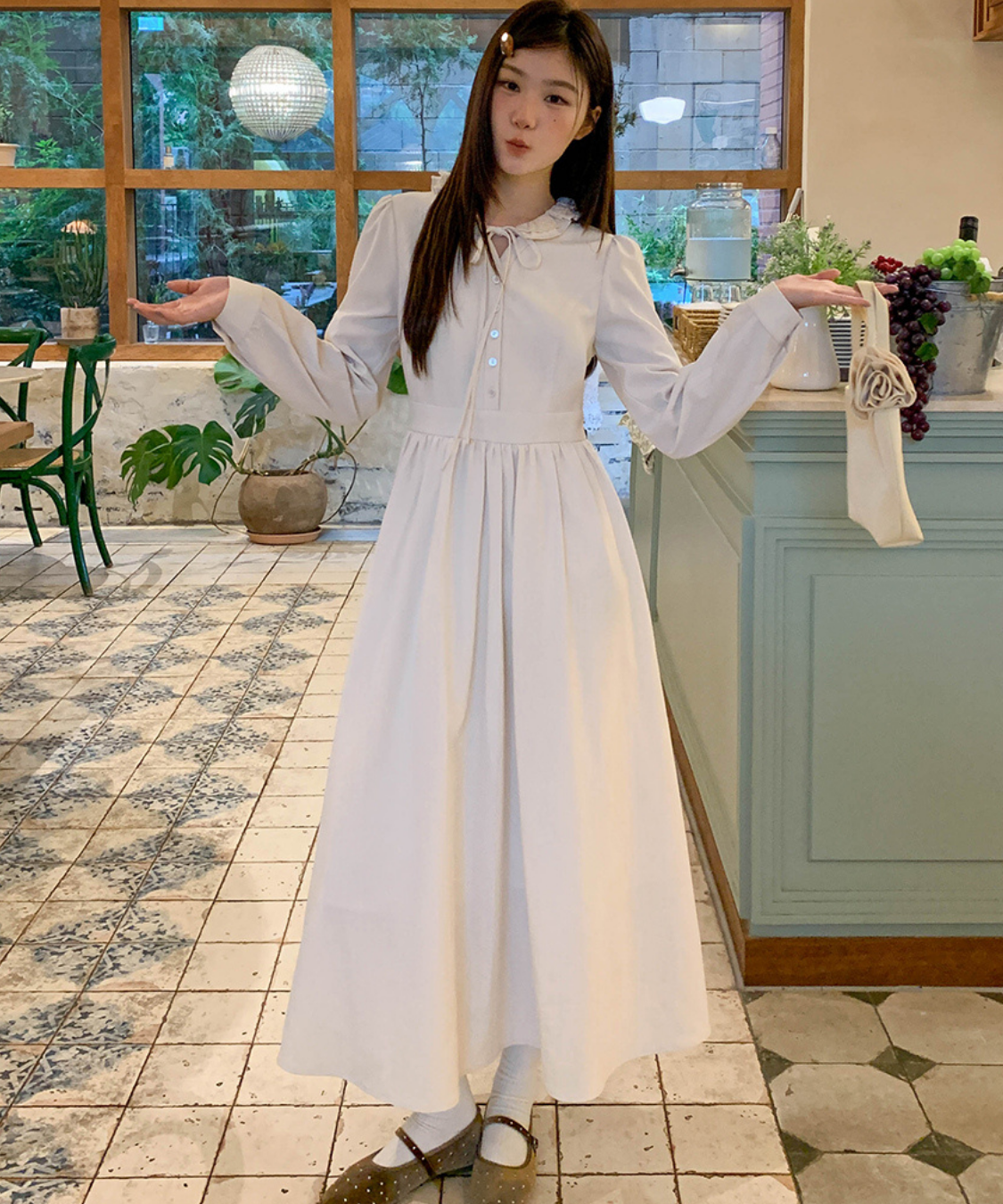 フリル襟リボン付きジャカードワンピース