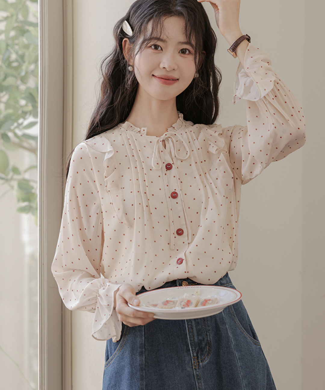 shirocon ドット柄 フリル袖ブラウス ブラウス シャツ フリル袖ドット柄ブラウス レディース