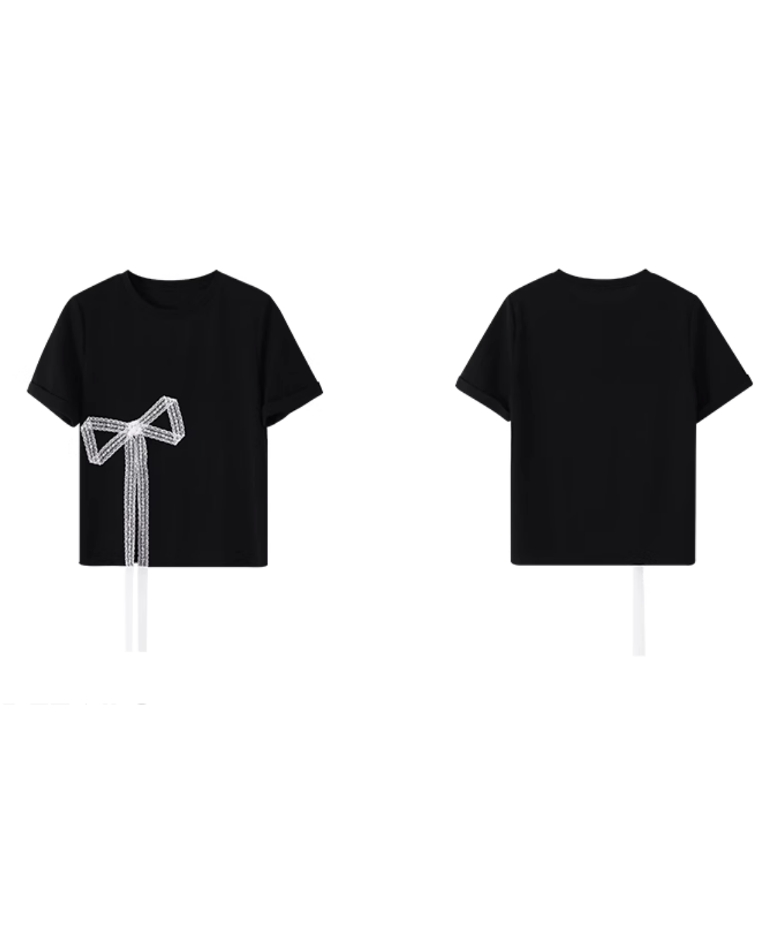 クルーネック半袖レースリボンサイドスリットTシャツ