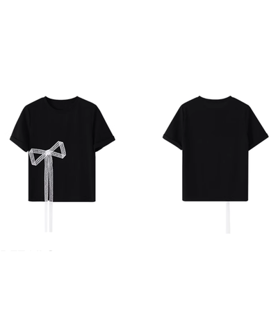クルーネック半袖レースリボンサイドスリットTシャツ