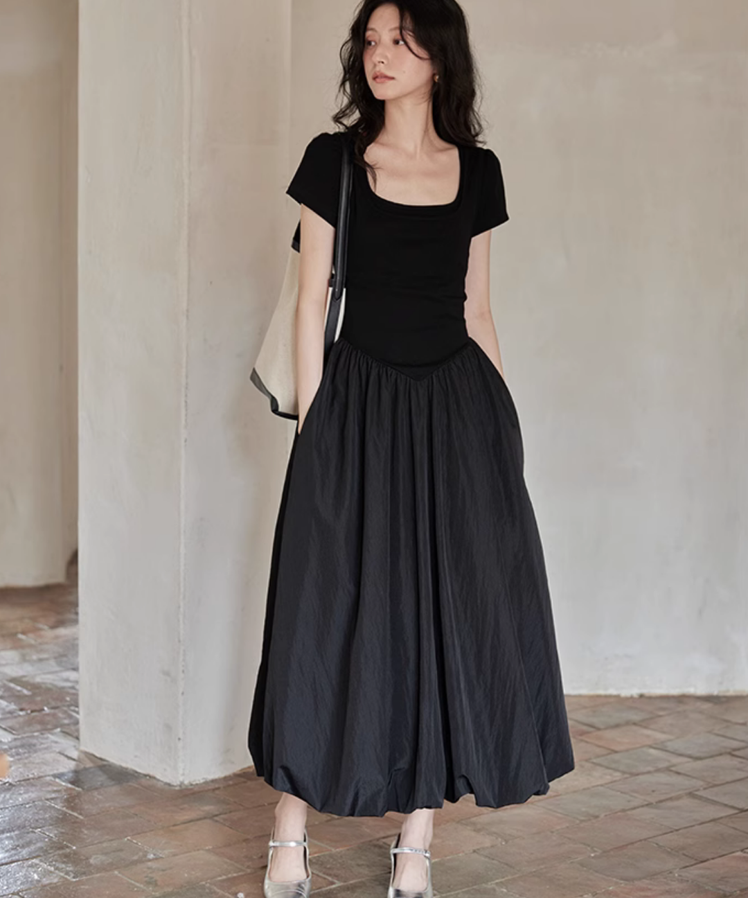 異素材切り替えバルーンスカートワンピース – jemiremi（ジェミレミ）