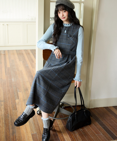 ウエスト切替チェックリボンワンピース