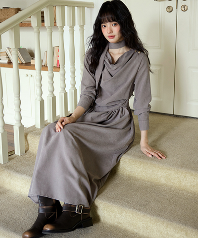 ウエストギャザードレープネックロングワンピース