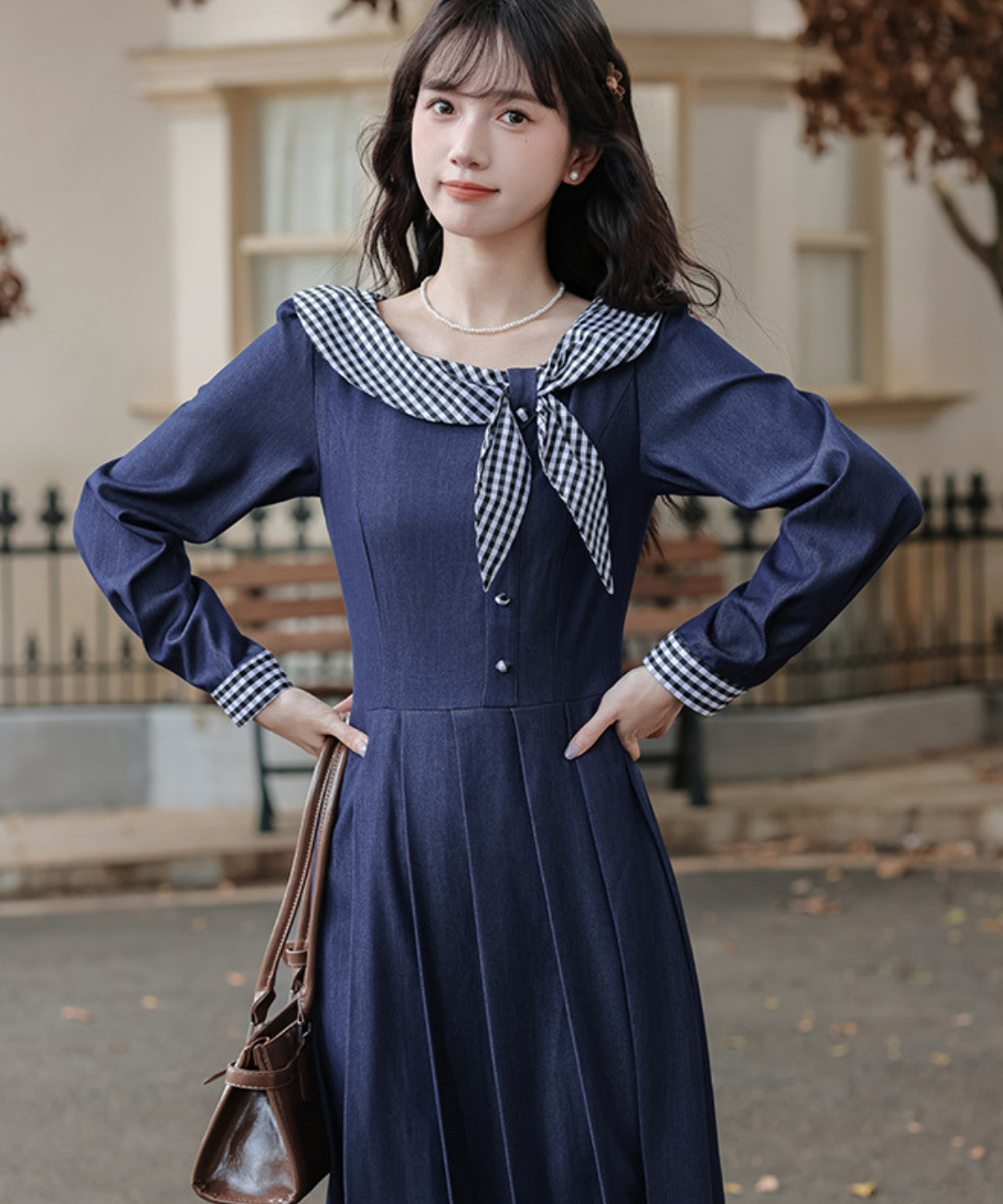 ギンガムチェック襟ボックスプリーツワンピース