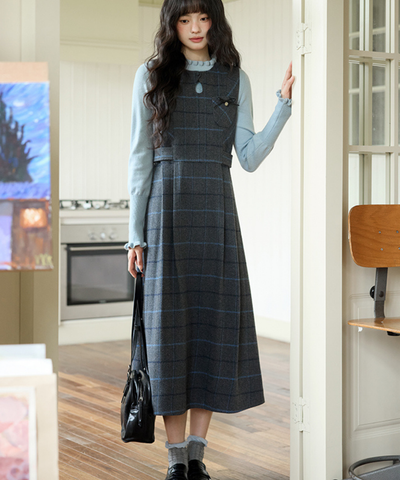 ウエスト切替チェックリボンワンピース