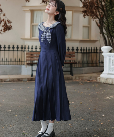 ギンガムチェック襟ボックスプリーツワンピース