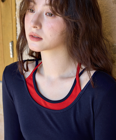 配色フェイクレイヤードネックリボン付きワンピース