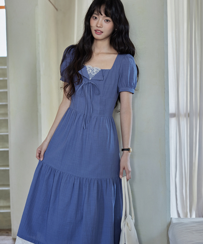 レースレイヤード風フロントリボンティアードワンピース