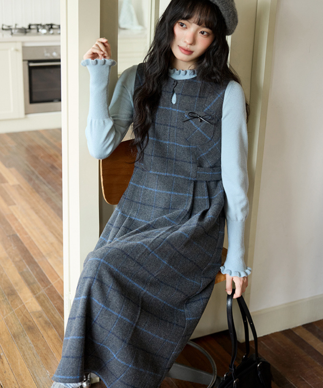 ウエスト切替チェックリボンワンピース