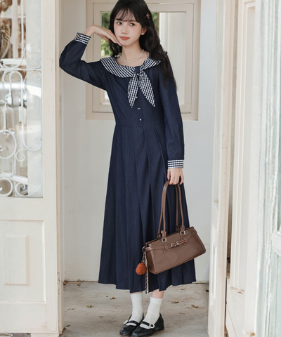 ギンガムチェック襟ボックスプリーツワンピース