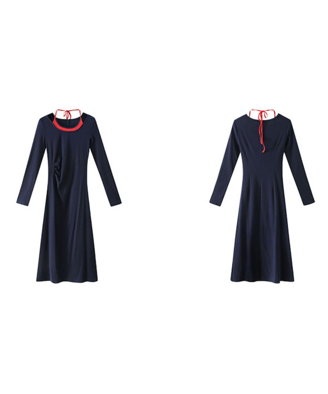 配色フェイクレイヤードネックリボン付きワンピース