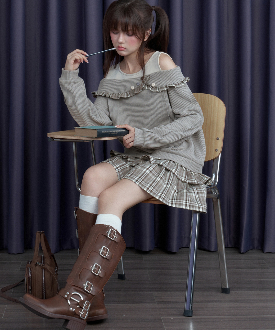 チェックフリル切替ニットフェイクワンピース