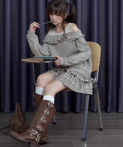 チェックフリル切替ニットフェイクワンピース