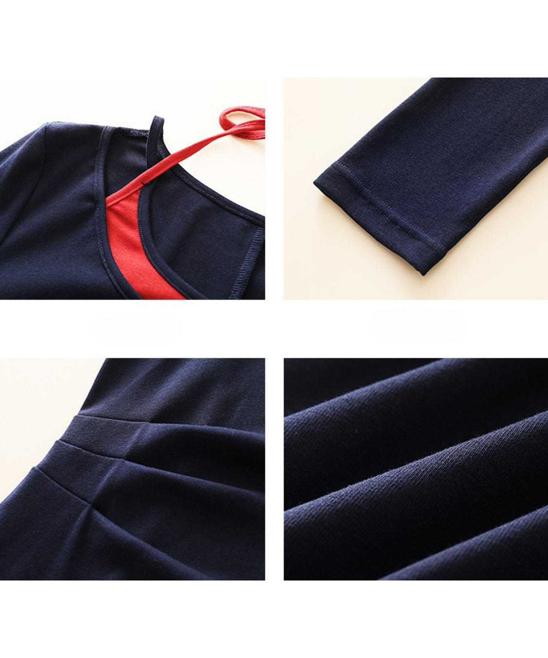 配色フェイクレイヤードネックリボン付きワンピース