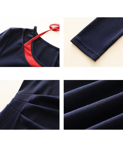 配色フェイクレイヤードネックリボン付きワンピース