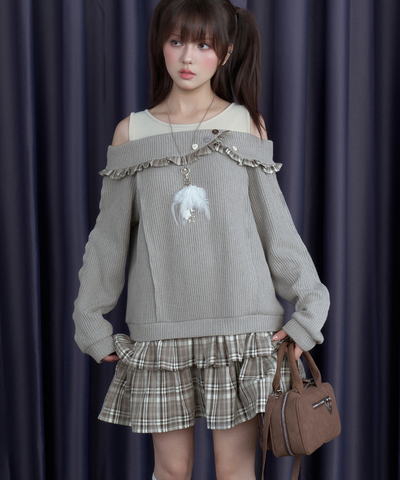 チェックフリル切替ニットフェイクワンピース