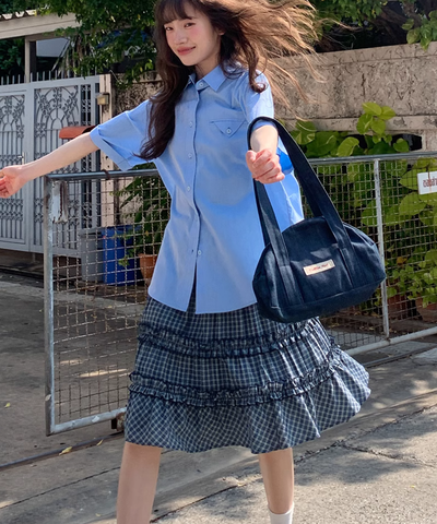 ティアードフリル膝丈チェックスカート