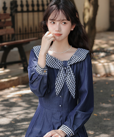 ギンガムチェック襟ボックスプリーツワンピース