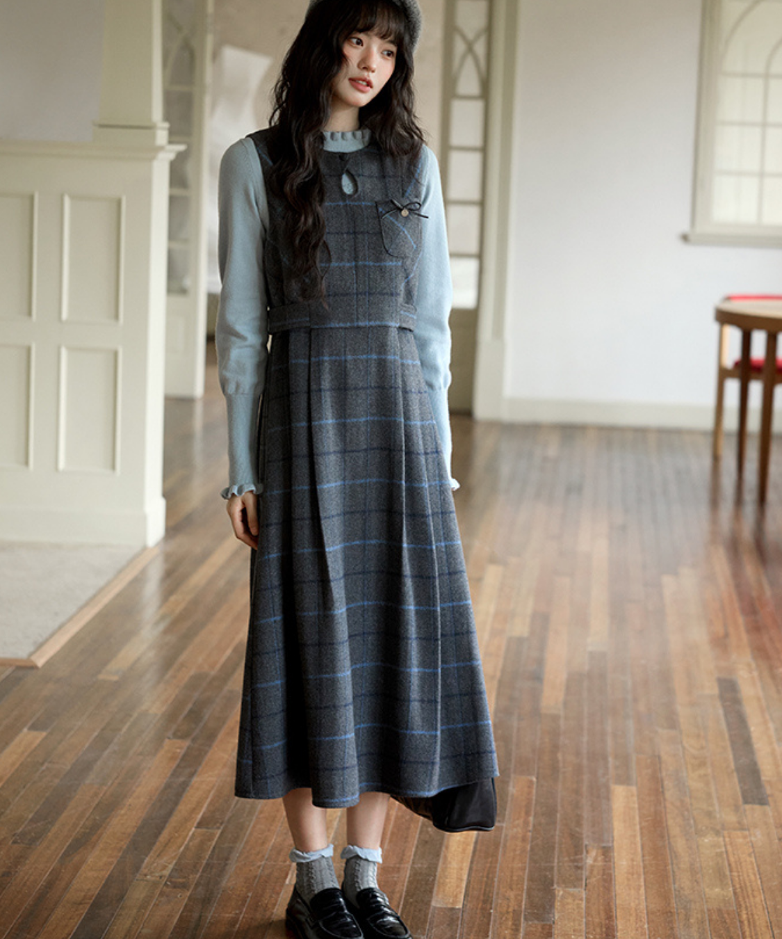 ウエスト切替チェックリボンワンピース