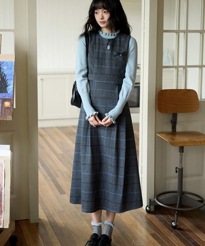 ウエスト切替チェックリボンワンピース