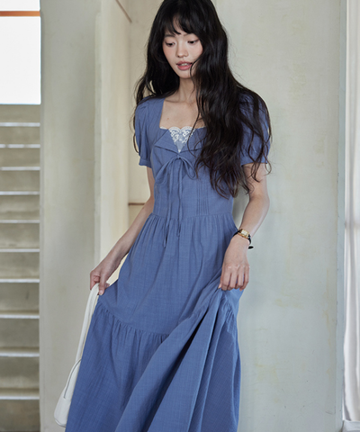 レースレイヤード風フロントリボンティアードワンピース