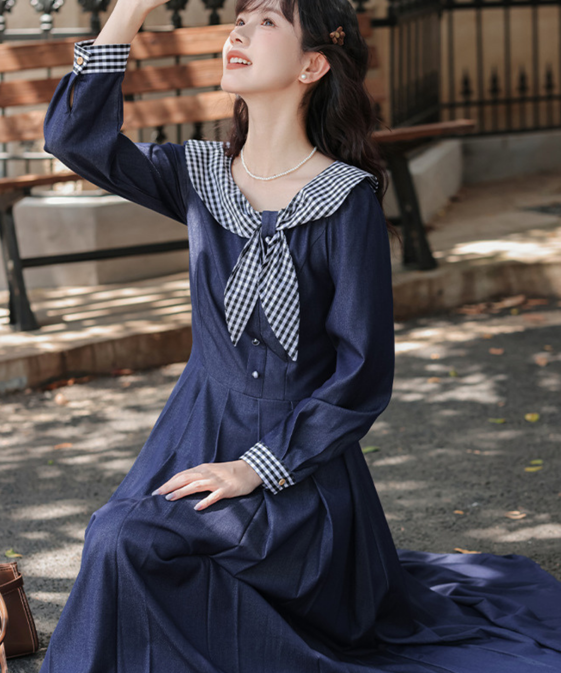 ギンガムチェック襟ボックスプリーツワンピース