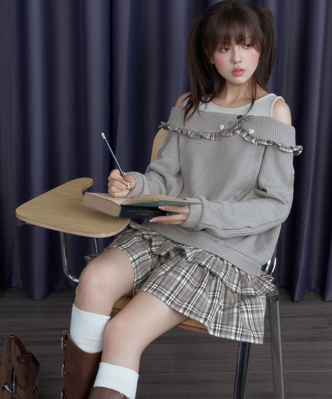 チェックフリル切替ニットフェイクワンピース