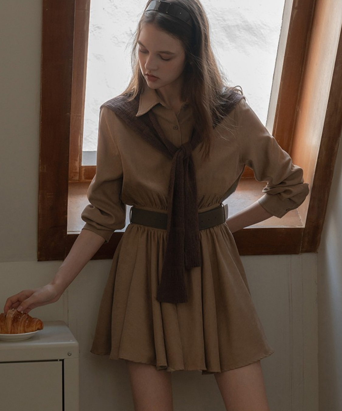 肩掛けニット風デザインシャツワンピース