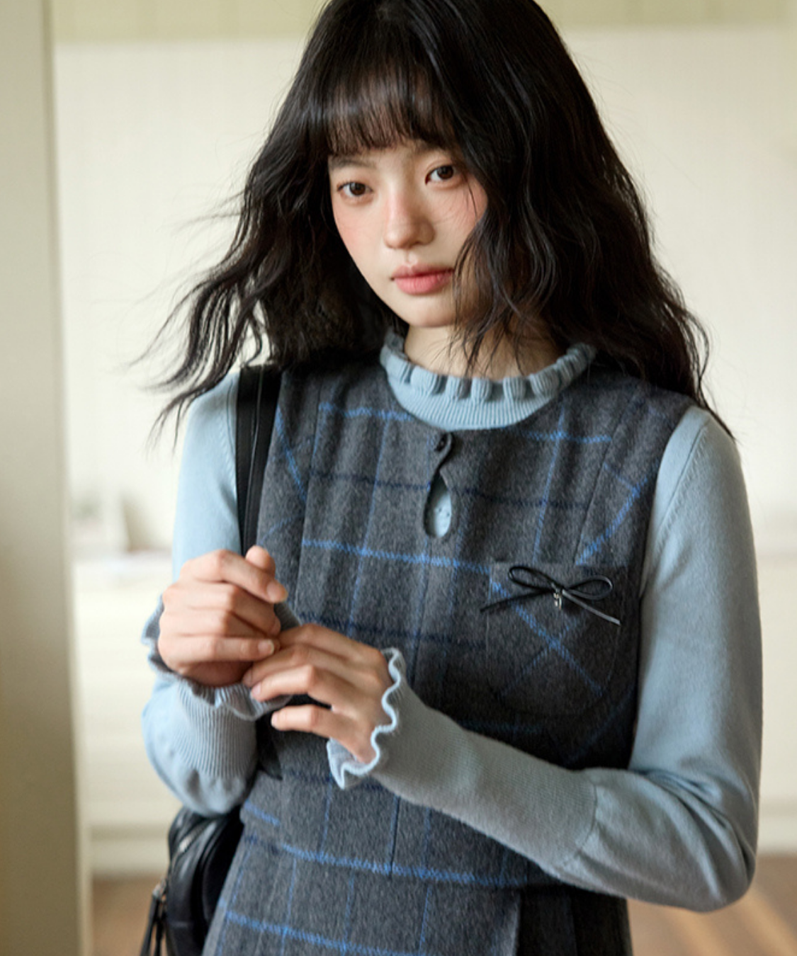 ウエスト切替チェックリボンワンピース