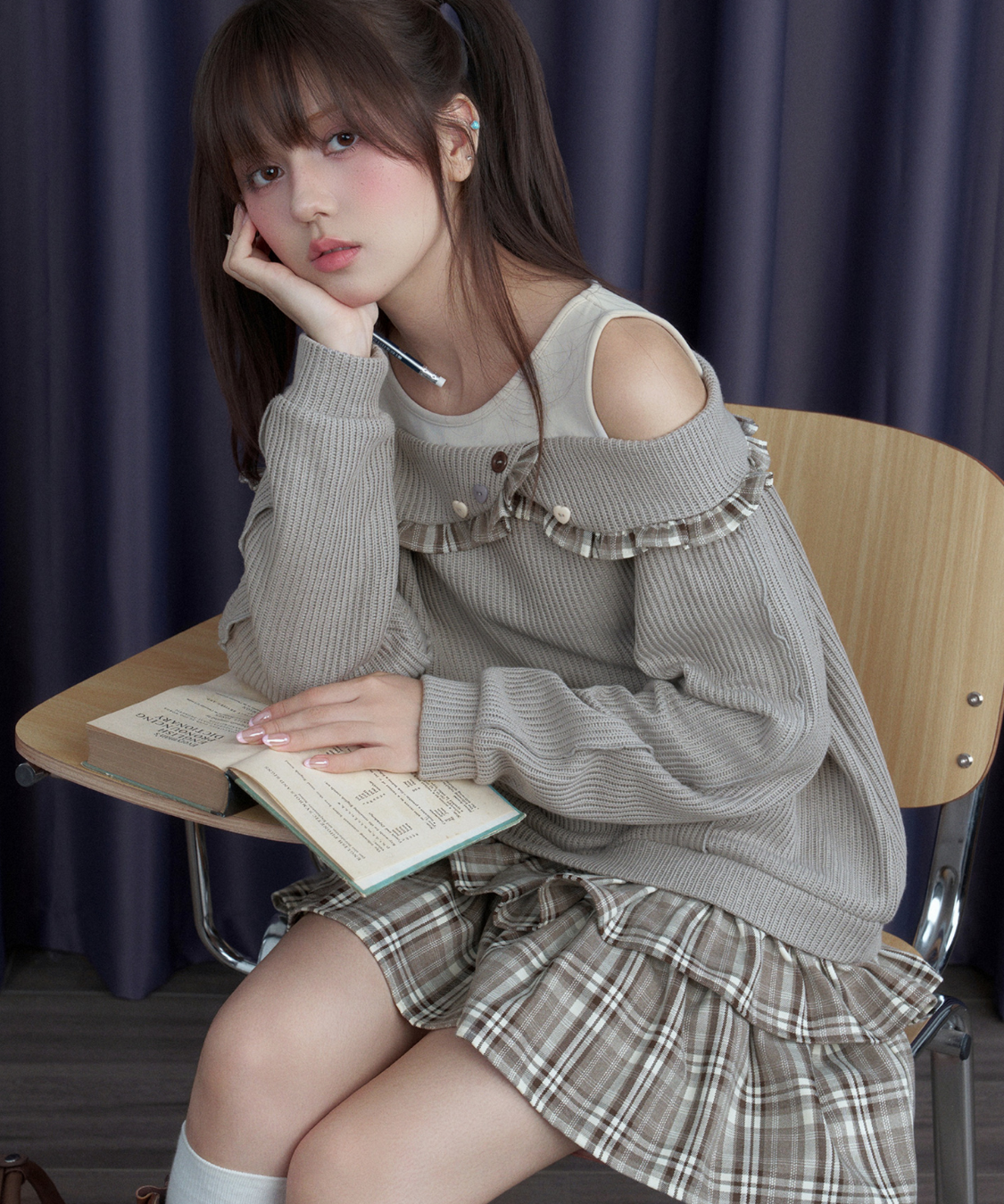 チェックフリル切替ニットフェイクワンピース