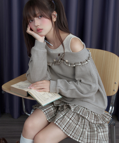 チェックフリル切替ニットフェイクワンピース