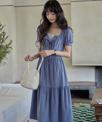 レースレイヤード風フロントリボンティアードワンピース