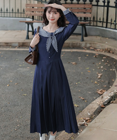 ギンガムチェック襟ボックスプリーツワンピース