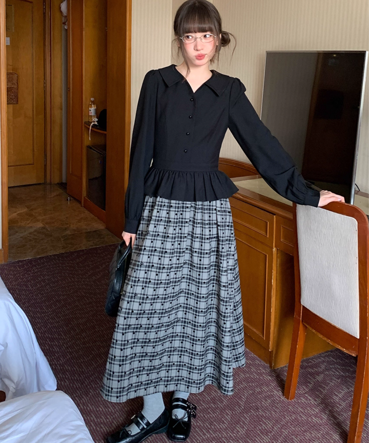 ペプラム切替チェック柄レイヤード風ワンピース – jemiremi