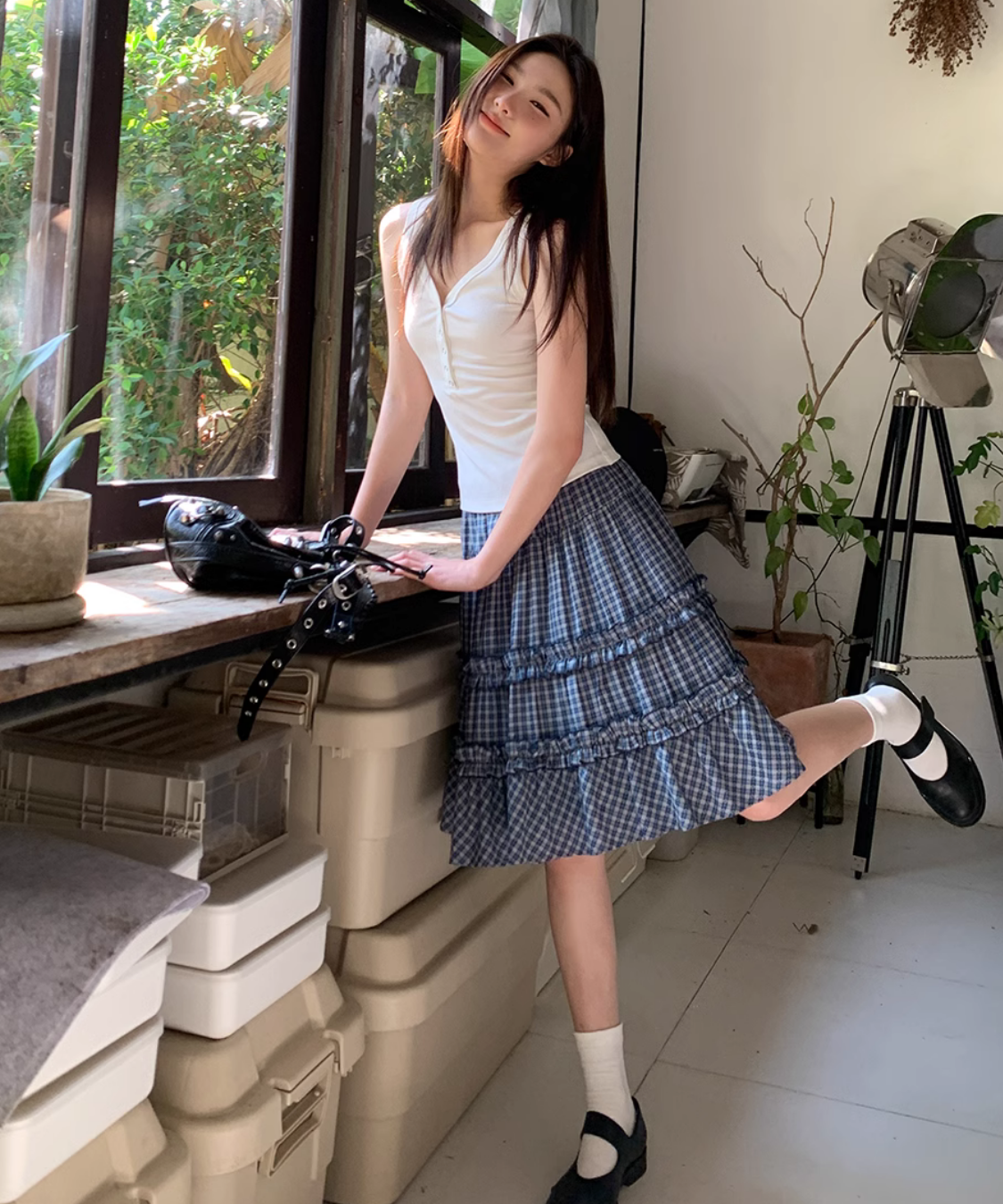 ティアードフリル膝丈チェックスカート