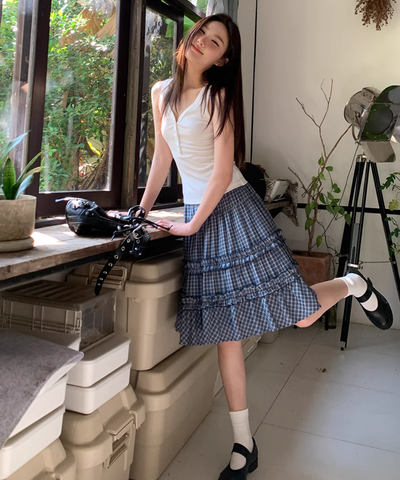 ティアードフリル膝丈チェックスカート