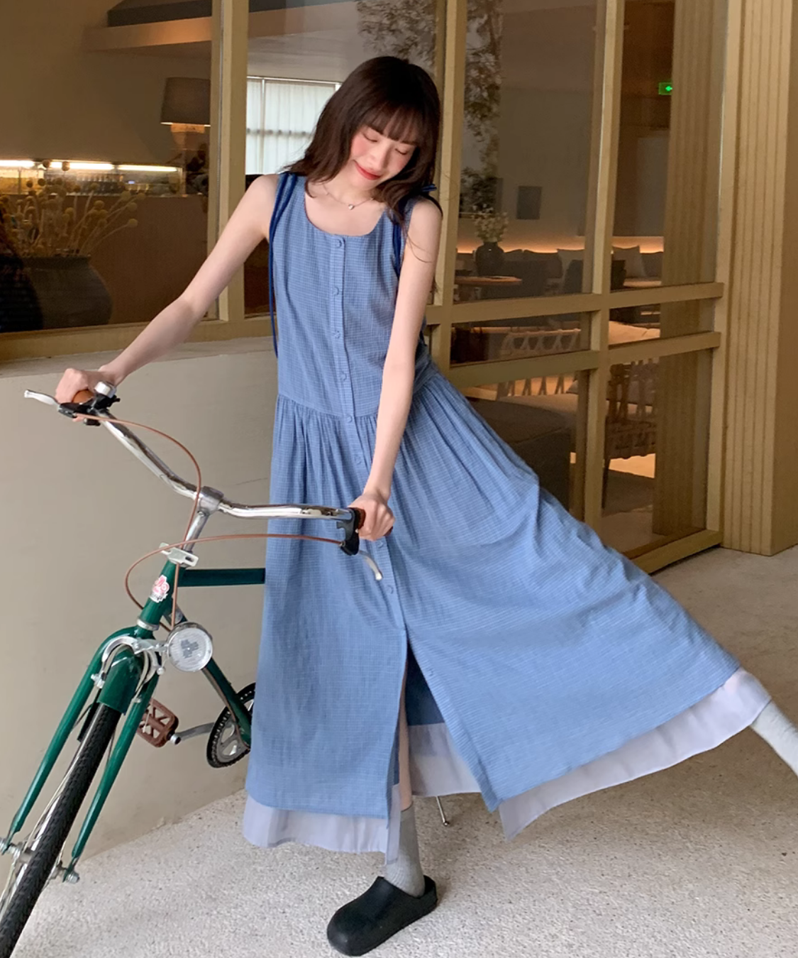 前開き配色裾ノースリーブワンピース