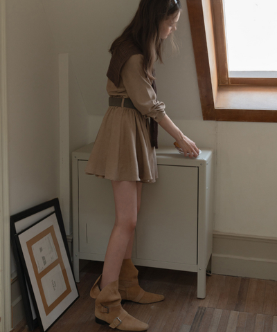 肩掛けニット風デザインシャツワンピース