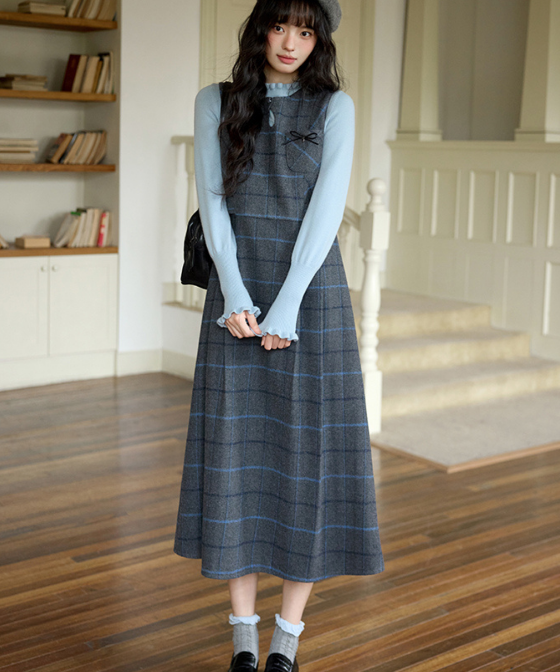 ウエスト切替チェックリボンワンピース