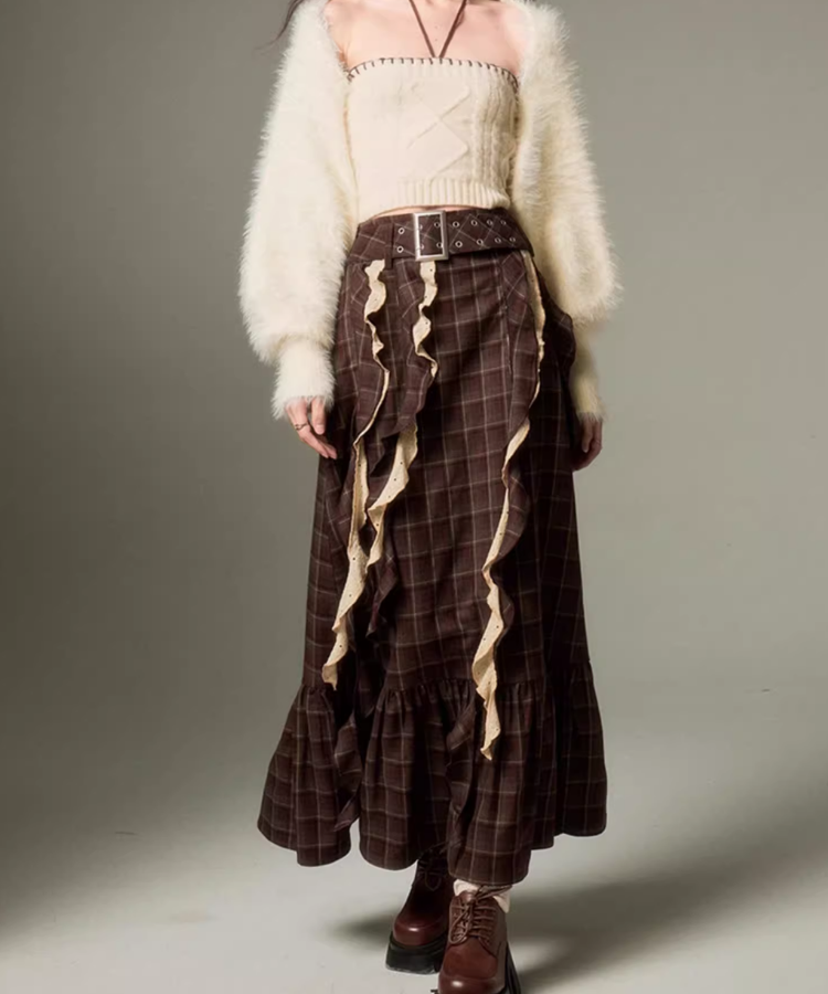 ブラウンチェックフリルロングスカート – jemiremi（ジェミレミ）