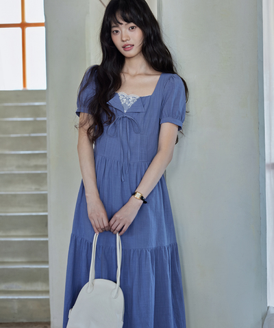 レースレイヤード風フロントリボンティアードワンピース