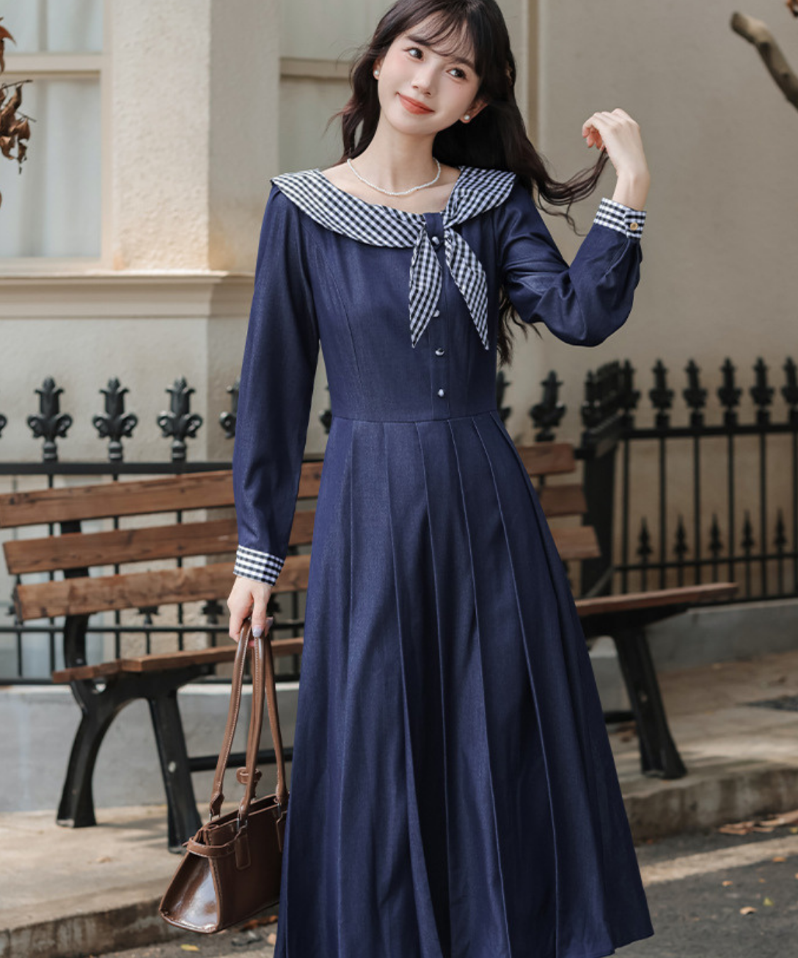 ギンガムチェック襟ボックスプリーツワンピース