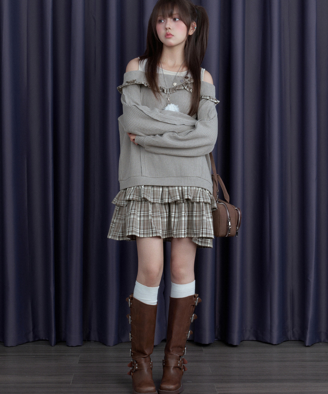 チェックフリル切替ニットフェイクワンピース