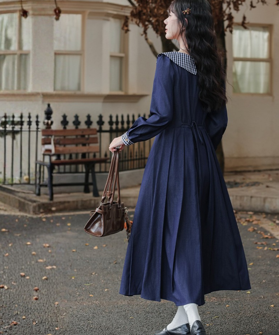 ギンガムチェック襟ボックスプリーツワンピース